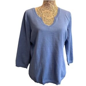 Talbots Blue Pima Cotton Blend 3/4 Sleeve w/ 3-Buttons V-Neck Detail Pullover L